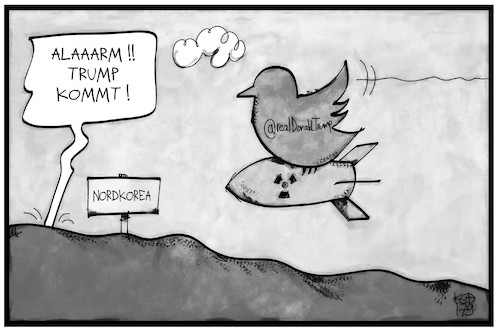 Cartoon: Trump twittert (medium) by Kostas Koufogiorgos tagged karikatur,koufogiorgos,illustration,cartoon,trump,twitter,vogel,nordkorea,bombe,konflikt,usa,soziale,medien,karikatur,koufogiorgos,illustration,cartoon,trump,twitter,vogel,nordkorea,bombe,konflikt,usa,soziale,medien