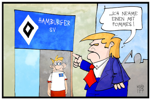 Cartoon: Trump und die Hamburger (medium) by Kostas Koufogiorgos tagged karikatur,koufogiorgos,illustration,cartoon,hamburger,sv,fussball,verein,trump,imbiss,fastfood,missverständnis,sprache,g20,sport,essen,burger,karikatur,koufogiorgos,illustration,cartoon,hamburger,sv,fussball,verein,trump,imbiss,fastfood,missverständnis,sprache,g20,sport,essen,burger