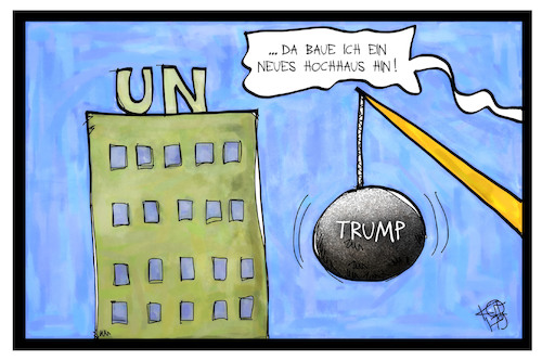 Cartoon: Trump und die UN (medium) by Kostas Koufogiorgos tagged karikatur,koufogiorgos,illustration,cartoon,trump,un,abrissbirne,immobilien,tycoon,new,york,abriss,neubau,hochhaus,diplomatie,usa,karikatur,koufogiorgos,illustration,cartoon,trump,un,abrissbirne,immobilien,tycoon,new,york,abriss,neubau,hochhaus,diplomatie,usa