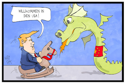 Cartoon: Trump und Xi Ping (medium) by Kostas Koufogiorgos tagged karikatur,koufogiorgos,illustration,cartoon,trump,xi,ping,china,usa,schaukelpferd,drache,staatsbesuch,politik,weltmacht,karikatur,koufogiorgos,illustration,cartoon,trump,xi,ping,china,usa,schaukelpferd,drache,staatsbesuch,politik,weltmacht