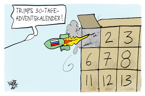 Cartoon: Trumps 50-Tage-Adventskalender (medium) by Kostas Koufogiorgos tagged karikatur,koufogiorgos,trump,putin,russland,krieg,adventskalender,karikatur,koufogiorgos,trump,putin,russland,krieg,adventskalender