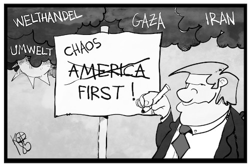 Cartoon: Trumps Außenpolitik (medium) by Kostas Koufogiorgos tagged karikatur,koufogiorgos,illustration,cartoon,trump,aussenpolitik,america,first,chaos,gaza,israel,jerusalem,diplomatie,welthandel,umwelt,klima,iran,usa,karikatur,koufogiorgos,illustration,cartoon,trump,aussenpolitik,america,first,chaos,gaza,israel,jerusalem,diplomatie,welthandel,umwelt,klima,iran,usa