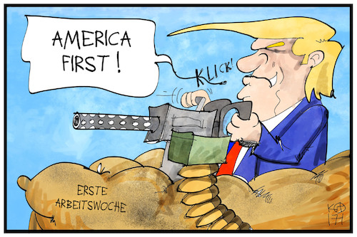 Cartoon: Trumps erste Woche (medium) by Kostas Koufogiorgos tagged karikatur,cartoon,koufogiorgos,illustration,trump,arbeitswoche,arbeitsbeginn,usa,präsident,waffe,protektionismus,politik,karikatur,cartoon,koufogiorgos,illustration,trump,arbeitswoche,arbeitsbeginn,usa,präsident,waffe,protektionismus,politik