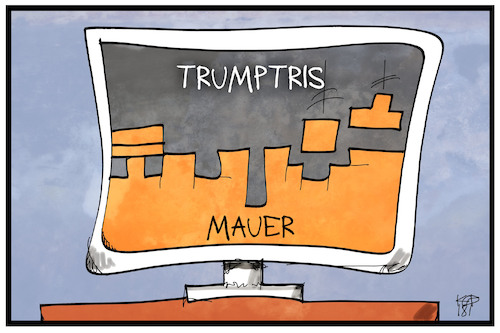 Cartoon: Trumptris (medium) by Kostas Koufogiorgos tagged karikatur,koufogiorgos,illustration,cartoon,tetris,trump,usa,mauer,spiel,computer,karikatur,koufogiorgos,illustration,cartoon,tetris,trump,usa,mauer,spiel,computer