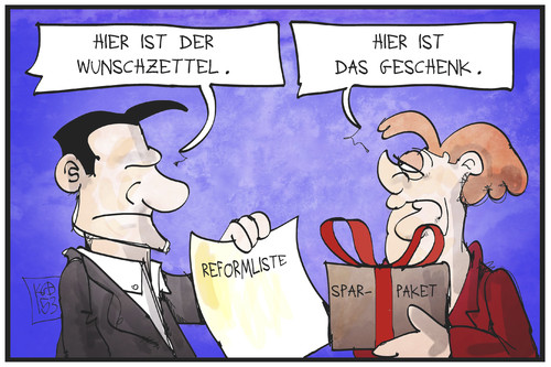 Cartoon: Tsipras in Berlin (medium) by Kostas Koufogiorgos tagged karikatur,koufogiorgos,illustration,cartoon,tsipras,merkel,geschenk,sparpaket,liste,reformliste,wunsch,griechenland,krise,politik,staatsbesuch,karikatur,koufogiorgos,illustration,cartoon,tsipras,merkel,geschenk,sparpaket,liste,reformliste,wunsch,griechenland,krise,politik,staatsbesuch