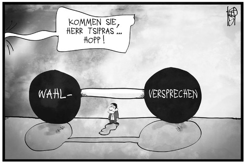 Cartoon: Tsipras Wahlversprechen (medium) by Kostas Koufogiorgos tagged karikatur,koufogiorgos,illustration,cartoon,alexis,tsipras,wahlversprechen,gewicht,last,politik,griechenland,erwartung,karikatur,koufogiorgos,illustration,cartoon,alexis,tsipras,wahlversprechen,gewicht,last,politik,griechenland,erwartung