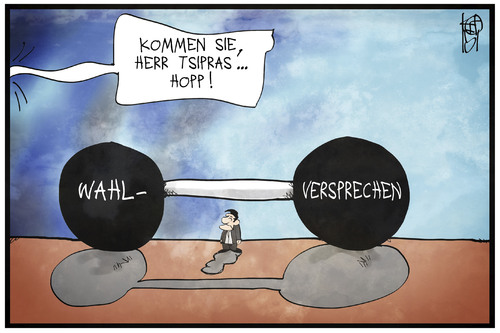 Cartoon: Tsipras Wahlversprechen (medium) by Kostas Koufogiorgos tagged karikatur,koufogiorgos,illustration,cartoon,alexis,tsipras,wahlversprechen,gewicht,last,politik,griechenland,erwartung,karikatur,koufogiorgos,illustration,cartoon,alexis,tsipras,wahlversprechen,gewicht,last,politik,griechenland,erwartung