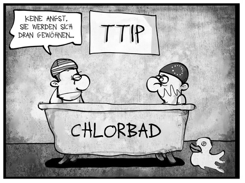 Cartoon: TTIP-Verhandlungen (medium) by Kostas Koufogiorgos tagged karikatur,koufogiorgos,illustration,cartoon,ttip,chlorbad,usa,europa,eu,freihandelsabkommen,wirtschaft,politik,verbraucherschutz,bad,mann,quietscheentchen,qualitätstandards,karikatur,koufogiorgos,illustration,cartoon,ttip,chlorbad,usa,europa,eu,freihandelsabkommen,wirtschaft,politik,verbraucherschutz,bad,mann,quietscheentchen,qualitätstandards