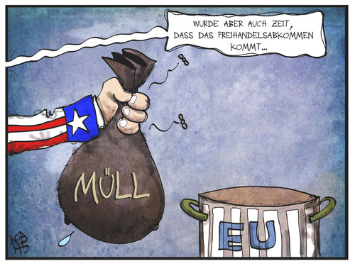 Cartoon: TTIP (medium) by Kostas Koufogiorgos tagged karikatur,koufogiorgos,illustration,cartoon,ttip,freihandelsabkommen,wirtschaft,usa,eu,europa,müll,qualität,standard,politik,karikatur,koufogiorgos,illustration,cartoon,ttip,freihandelsabkommen,wirtschaft,usa,eu,europa,müll,qualität,standard,politik