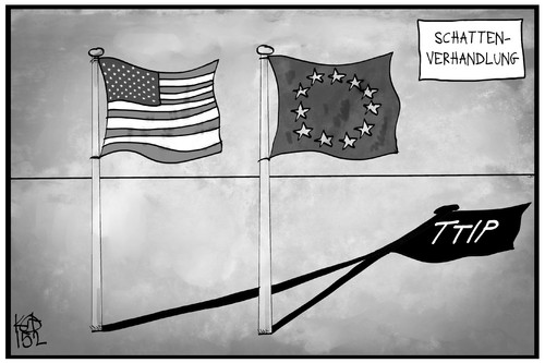 Cartoon: TTIP (medium) by Kostas Koufogiorgos tagged karikatur,koufogiorgos,illustration,cartoon,eu,usa,ttip,freihandelsabkommen,schattenverhandlung,wirtschaft,politik,fahne,flagge,karikatur,koufogiorgos,illustration,cartoon,eu,usa,ttip,freihandelsabkommen,schattenverhandlung,wirtschaft,politik,fahne,flagge