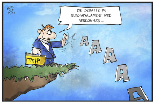 Cartoon: TTIP (medium) by Kostas Koufogiorgos tagged karikatur,koufogiorgos,illustration,cartoon,ttip,eu,europa,parlament,freihandelsabkommen,verschoben,geschoben,abgrund,fall,verhandlung,politik,wirtschaft,karikatur,koufogiorgos,illustration,cartoon,ttip,eu,europa,parlament,freihandelsabkommen,verschoben,geschoben,abgrund,fall,verhandlung,politik,wirtschaft