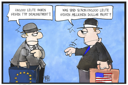 Cartoon: TTIP (medium) by Kostas Koufogiorgos tagged karikatur,koufogiorgos,illustration,cartoon,ttip,freihandelsabkommen,usa,eu,handel,profit,demonstration,demonstranten,globalisierung,wirtschaft,unterhändler,karikatur,koufogiorgos,illustration,cartoon,ttip,freihandelsabkommen,usa,eu,handel,profit,demonstration,demonstranten,globalisierung,wirtschaft,unterhändler