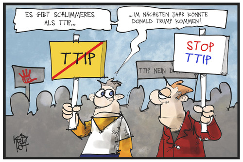 Cartoon: TTIP (medium) by Kostas Koufogiorgos tagged karikatur,koufogiorgos,illustration,cartoon,ttip,trump,usa,protest,demonstrant,karikatur,koufogiorgos,illustration,cartoon,ttip,trump,usa,protest,demonstrant