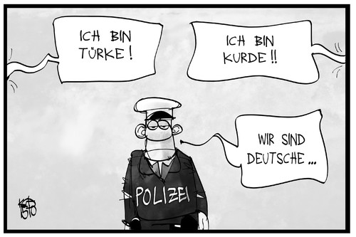 Cartoon: Türkisch-kurdische Konflikte (medium) by Kostas Koufogiorgos tagged karikatur,koufogiorgos,illustration,cartoon,konflikt,kurden,türken,deutsche,polizei,türkei,deutschland,ordnungshüter,politik,polizist,karikatur,koufogiorgos,illustration,cartoon,konflikt,kurden,türken,deutsche,polizei,türkei,deutschland,ordnungshüter,politik,polizist