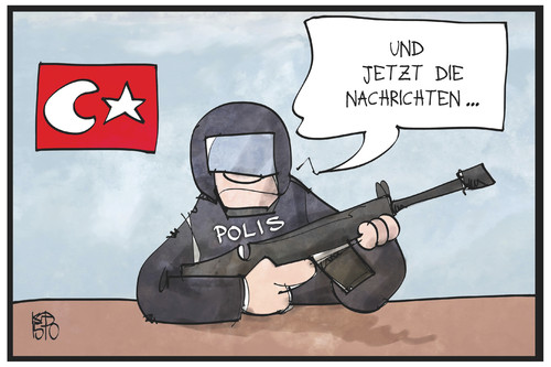 Cartoon: Türkische Nachrichten (medium) by Kostas Koufogiorgos tagged karikatur,koufogiorgos,illustration,cartoon,türkei,polis,polizei,pressefreiheit,medien,tagesschau,nachrichten,nachrichtensprecher,demokratie,fernsehsender,tv,karikatur,koufogiorgos,illustration,cartoon,türkei,polis,polizei,pressefreiheit,medien,tagesschau,nachrichten,nachrichtensprecher,demokratie,fernsehsender,tv