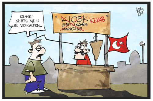 Cartoon: Türkische Presse (medium) by Kostas Koufogiorgos tagged karikatur,koufogiorgos,illustration,cartoon,tuerkei,medien,presse,pressefreiheit,doener,kebab,verkauf,kiosk,imbiss,karikatur,koufogiorgos,illustration,cartoon,tuerkei,medien,presse,pressefreiheit,doener,kebab,verkauf,kiosk,imbiss