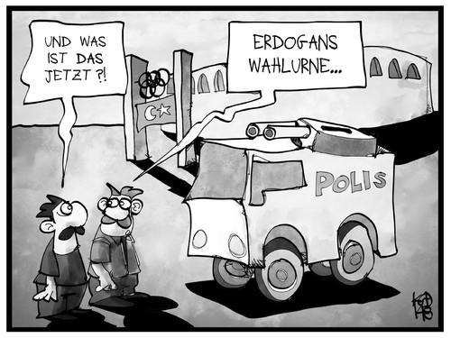 Cartoon: Türkische Wahl (medium) by Kostas Koufogiorgos tagged karikatur,koufogiorgos,illustration,cartoon,türkei,deutschland,wahl,präsident,berlin,olympiastadion,wasserwerfer,polizei,wahlurne,karikatur,koufogiorgos,illustration,cartoon,türkei,deutschland,wahl,präsident,berlin,olympiastadion,wasserwerfer,polizei,wahlurne