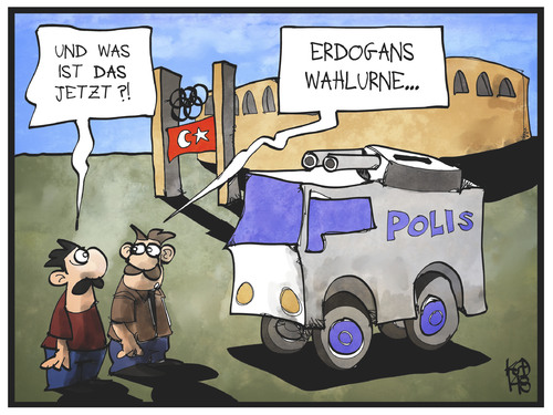 Cartoon: Türkische Wahl (medium) by Kostas Koufogiorgos tagged karikatur,koufogiorgos,illustration,cartoon,türkei,deutschland,wahl,präsident,berlin,olympiastadion,wasserwerfer,polizei,wahlurne,karikatur,koufogiorgos,illustration,cartoon,türkei,deutschland,wahl,präsident,berlin,olympiastadion,wasserwerfer,polizei,wahlurne