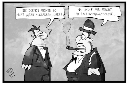 Cartoon: Überwachung am Arbeitsplatz (medium) by Kostas Koufogiorgos tagged karikatur,koufogiorgos,illustration,cartoon,überwachung,angestellter,arbeiter,chef,spionage,facebook,datenschutz,internet,pc,computer,karikatur,koufogiorgos,illustration,cartoon,überwachung,angestellter,arbeiter,chef,spionage,facebook,datenschutz,internet,pc,computer