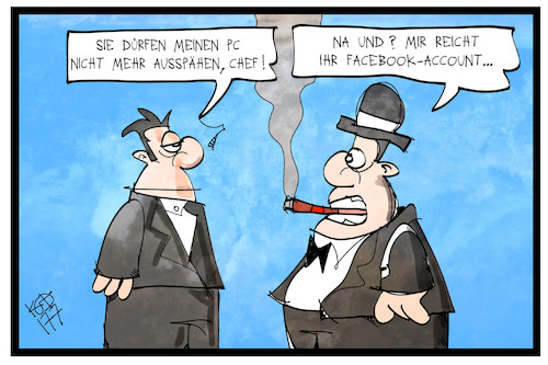 Cartoon: Überwachung am Arbeitsplatz (medium) by Kostas Koufogiorgos tagged karikatur,koufogiorgos,illustration,cartoon,überwachung,angestellter,arbeiter,chef,spionage,facebook,datenschutz,internet,pc,computer,karikatur,koufogiorgos,illustration,cartoon,überwachung,angestellter,arbeiter,chef,spionage,facebook,datenschutz,internet,pc,computer