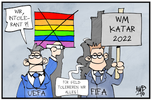 Cartoon: UEFA und FIFA (medium) by Kostas Koufogiorgos tagged karikatur,koufogiorgos,illustration,cartoon,fußball,uefa,fifa,quatar,käuflich,menschenrechte,toleranz,karikatur,koufogiorgos,illustration,cartoon,fußball,uefa,fifa,quatar,käuflich,menschenrechte,toleranz