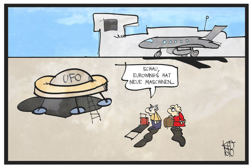 Cartoon: UFO-Streik (medium) by Kostas Koufogiorgos tagged karikatur,koufogiorgos,illustration,cartoon,eurowings,ufo,flugbegleiter,gewerkschaft,passagier,kunde,fluggast,streik,arbeitskampf,karikatur,koufogiorgos,illustration,cartoon,eurowings,ufo,flugbegleiter,gewerkschaft,passagier,kunde,fluggast,streik,arbeitskampf