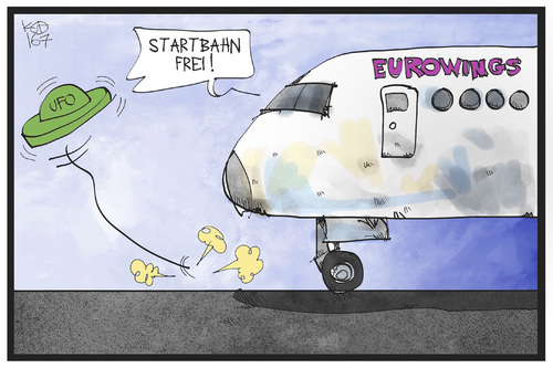 Cartoon: UFO und Lufthansa (medium) by Kostas Koufogiorgos tagged karikatur,koufogiorgos,illustration,cartoon,ufo,lufthansa,eurowings,flugzeug,tarifstreit,streik,arbeitskampf,startbahn,wirtschaft,karikatur,koufogiorgos,illustration,cartoon,ufo,lufthansa,eurowings,flugzeug,tarifstreit,streik,arbeitskampf,startbahn,wirtschaft