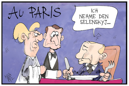 Cartoon: Ukraine-Gipfel (medium) by Kostas Koufogiorgos tagged karikatur,koufogiorgos,illustration,cartoon,putin,merkel,macron,selenskyj,kellner,gast,essen,restaurant,wahl,menu,verspeisen,gipfel,ukraine,russland,konflikt,krieg,karikatur,koufogiorgos,illustration,cartoon,putin,merkel,macron,selenskyj,kellner,gast,essen,restaurant,wahl,menu,verspeisen,gipfel,ukraine,russland,konflikt,krieg