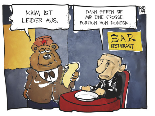 Cartoon: Ukraine-Konflikt (medium) by Kostas Koufogiorgos tagged karikatur,koufogiorgos,cartoon,illustration,donesk,krim,bär,zar,putin,bar,restaurant,russland,ukraine,konflikt,politik,karikatur,koufogiorgos,cartoon,illustration,donesk,krim,bär,zar,putin,bar,restaurant,russland,ukraine,konflikt,politik