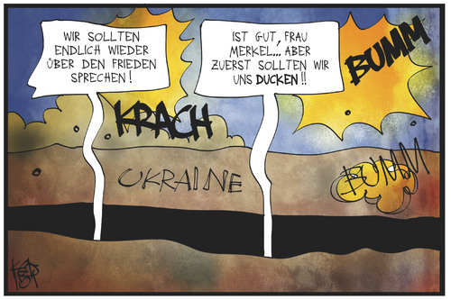 Cartoon: Ukraine-Konflikt (medium) by Kostas Koufogiorgos tagged karikatur,koufogiorgos,illustration,cartoon,ukraine,ostukraine,gewalt,merkel,frieden,lrieg,konflikt,gespräche,schützengraben,karikatur,koufogiorgos,illustration,cartoon,ukraine,ostukraine,gewalt,merkel,frieden,lrieg,konflikt,gespräche,schützengraben