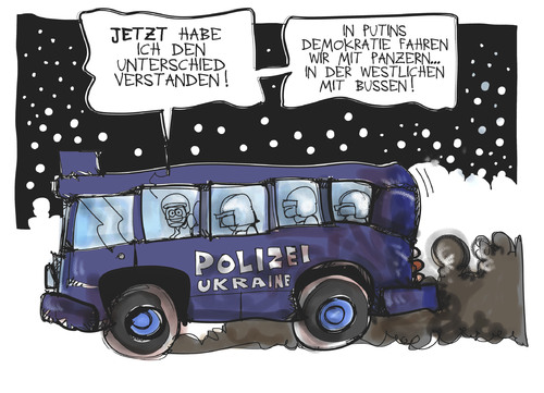 Cartoon: Ukrainische Polizei (medium) by Kostas Koufogiorgos tagged bus,panzer,kiew,ukraine,demonstration,protest,polizei,demokratie,karikatur,koufogiorgos,bus,panzer,kiew,ukraine,demonstration,protest,polizei,demokratie,karikatur,koufogiorgos