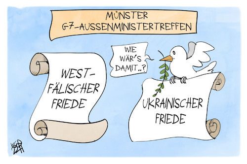 Cartoon: Ukranischer Friede (medium) by Kostas Koufogiorgos tagged karikatur,koufogiorgos,münster,westfälischer,friede,ukraine,g7,außenminister,friedenstaube,frieden,karikatur,koufogiorgos,münster,westfälischer,friede,ukraine,g7,außenminister,friedenstaube,frieden