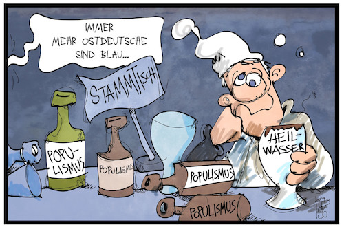 Cartoon: Umfragen Ostdeutschland (medium) by Kostas Koufogiorgos tagged karikatur,koufogiorgos,illustration,cartoon,umfrage,landtagswahl,michel,ostdeutschland,heilwasser,populismus,demokratie,blau,wähler,karikatur,koufogiorgos,illustration,cartoon,umfrage,landtagswahl,michel,ostdeutschland,heilwasser,populismus,demokratie,blau,wähler