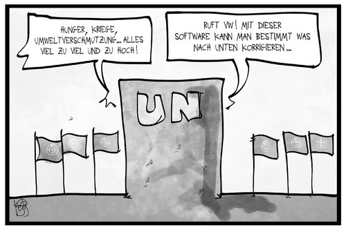 Cartoon: UN-Nachhaltigkeitsgipfel (medium) by Kostas Koufogiorgos tagged karikatur,koufogiorgos,illustration,cartoon,un,nachhaltigkeit,gipfel,armut,verschmutzung,umwelt,software,vw,manipulation,hunger,krieg,karikatur,koufogiorgos,illustration,cartoon,un,nachhaltigkeit,gipfel,armut,verschmutzung,umwelt,software,vw,manipulation,hunger,krieg