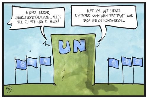 Cartoon: UN-Nachhaltigkeitsgipfel (medium) by Kostas Koufogiorgos tagged karikatur,koufogiorgos,illustration,cartoon,un,nachhaltigkeit,gipfel,armut,verschmutzung,umwelt,software,vw,manipulation,hunger,krieg,karikatur,koufogiorgos,illustration,cartoon,un,nachhaltigkeit,gipfel,armut,verschmutzung,umwelt,software,vw,manipulation,hunger,krieg