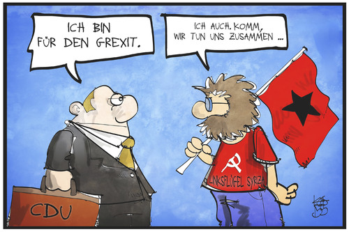 Cartoon: Union für den Grexit (medium) by Kostas Koufogiorgos tagged karikatur,koufogiorgos,illustration,cartoon,union,cdu,syriza,griechenland,grexit,euro,austritt,europa,währungsunion,kommunist,konservativ,politik,karikatur,koufogiorgos,illustration,cartoon,union,cdu,syriza,griechenland,grexit,euro,austritt,europa,währungsunion,kommunist,konservativ,politik