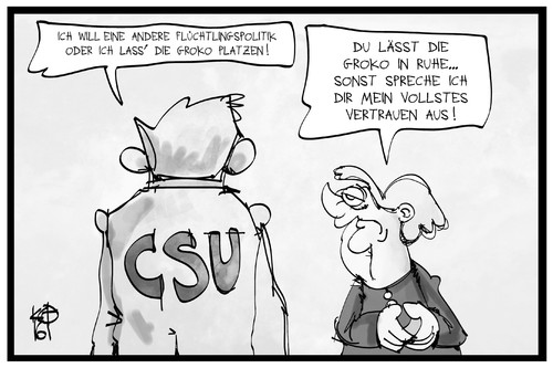 Cartoon: Unionsinterne Drohungen (medium) by Kostas Koufogiorgos tagged karikatur,koufogiorgos,illustration,cartoon,drohung,merkel,csu,cdu,union,groko,regierung,koalition,vertrauen,koalitionsbruch,politik,flüchtlingspolitik,karikatur,koufogiorgos,illustration,cartoon,drohung,merkel,csu,cdu,union,groko,regierung,koalition,vertrauen,koalitionsbruch,politik,flüchtlingspolitik