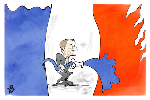 Cartoon: Unruhen in Frankreich (medium) by Kostas Koufogiorgos tagged karikatur,koufogiorgos,frankreich,feurwehrmann,macron,flagge,wasser,feuer,löschen,karikatur,koufogiorgos,frankreich,feurwehrmann,macron,flagge,wasser,feuer,löschen