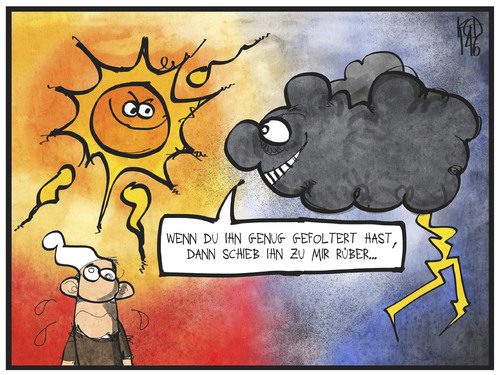 Cartoon: Unwetter (medium) by Kostas Koufogiorgos tagged karikatur,koufogiorgos,cartoon,illustration,wetter,unwetter,sonne,wolke,wind,sturm,michel,folter,klima,karikatur,koufogiorgos,cartoon,illustration,wetter,unwetter,sonne,wolke,wind,sturm,michel,folter,klima