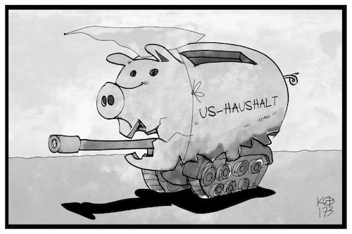 Cartoon: US-Haushalt (medium) by Kostas Koufogiorgos tagged karikatur,koufogiorgos,illustration,cartoon,usa,haushalt,sparschwein,militär,panzer,trump,ausgaben,rüstung,verteidigung,karikatur,koufogiorgos,illustration,cartoon,usa,haushalt,sparschwein,militär,panzer,trump,ausgaben,rüstung,verteidigung