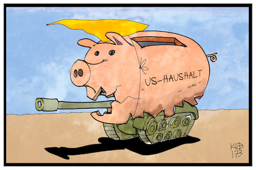 Cartoon: US-Haushalt (medium) by Kostas Koufogiorgos tagged karikatur,koufogiorgos,illustration,cartoon,usa,haushalt,sparschwein,militär,panzer,trump,ausgaben,rüstung,verteidigung,karikatur,koufogiorgos,illustration,cartoon,usa,haushalt,sparschwein,militär,panzer,trump,ausgaben,rüstung,verteidigung