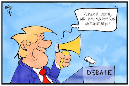 Cartoon: US-TV-Duell (medium) by Kostas Koufogiorgos tagged karikatur,koufogiorgos,illustration,cartoon,tv,duell,trump,megaphon,stummschlatung,usa,wahlkampf,laut,karikatur,koufogiorgos,illustration,cartoon,tv,duell,trump,megaphon,stummschlatung,usa,wahlkampf,laut