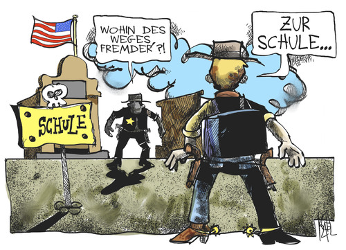 Cartoon: US-Waffenlobby (medium) by Kostas Koufogiorgos tagged usa,schule,jugend,schüler,waffen,lobby,cowboy,wildwest,amok,schutz,karikatur,kostas,koufogiorgos,usa,schule,jugend,schüler,waffen,lobby,cowboy,wildwest,amok,schutz,karikatur,kostas,koufogiorgos