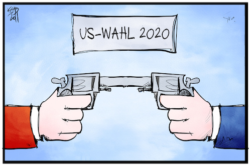 Cartoon: US-Wahl 2020 (medium) by Kostas Koufogiorgos tagged karikatur,koufogiorgos,illustration,cartoon,usa,wahl,gewalt,waffe,bedrohung,duell,demokratie,karikatur,koufogiorgos,illustration,cartoon,usa,wahl,gewalt,waffe,bedrohung,duell,demokratie