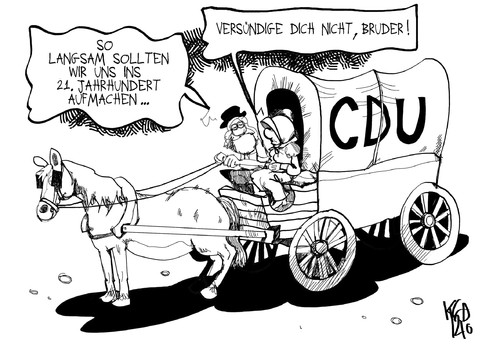 Cartoon: CDU (medium) by Kostas Koufogiorgos tagged koufogiorgos,kostas,karikatur,politik,partei,wagen,pferd,modernisierung,cdu,wahl,usa,romney,obama,präsident,uncle,sam,tv,duell,wahlkampf,politik,fernseher,amerika,karikatur,kostas,koufogiorgos