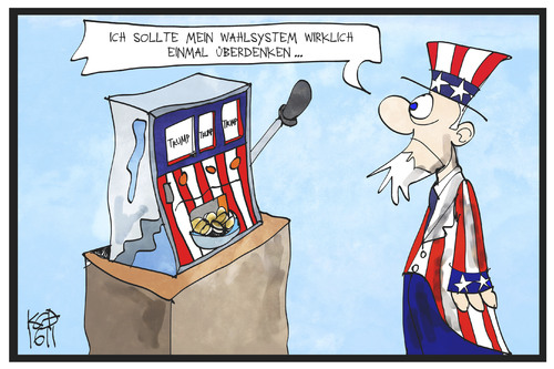 Cartoon: US-Wahlsystem (medium) by Kostas Koufogiorgos tagged karikatur,koufogiorgos,illustration,cartoon,usa,trump,uncle,sam,einarmiger,bandit,spiel,glücksspiel,wahl,wahlsystem,karikatur,koufogiorgos,illustration,cartoon,usa,trump,uncle,sam,einarmiger,bandit,spiel,glücksspiel,wahl,wahlsystem