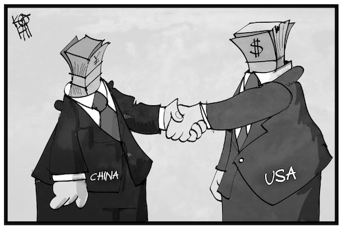 Cartoon: USA und China (medium) by Kostas Koufogiorgos tagged karikatur,koufogiorgos,illustration,cartoon,usa,trump,china,dollar,yuan,geld,wirtschaft,handel,deal,karikatur,koufogiorgos,illustration,cartoon,usa,trump,china,dollar,yuan,geld,wirtschaft,handel,deal