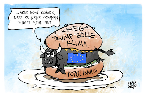 Cartoon: Veggie-Probleme (medium) by Kostas Koufogiorgos tagged karikatur,koufogiorgos,veggie,eu,stier,burger,vegetarisch,vegan,problem,karikatur,koufogiorgos,veggie,eu,stier,burger,vegetarisch,vegan,problem