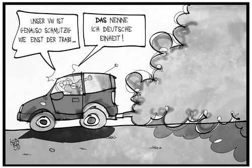 Cartoon: Vereinte Automobile (medium) by Kostas Koufogiorgos tagged karikatur,koufogiorgos,illustration,cartoon,automobil,auto,abgas,vw,volkswagen,trabi,trabant,diesel,michel,einheit,deutschland,umwelt,verschmutzung,karikatur,koufogiorgos,illustration,cartoon,automobil,auto,abgas,vw,volkswagen,trabi,trabant,diesel,michel,einheit,deutschland,umwelt,verschmutzung