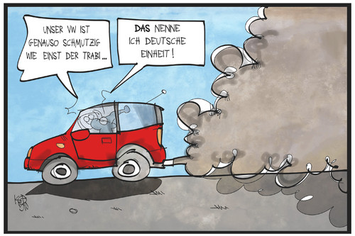 Cartoon: Vereinte Automobile (medium) by Kostas Koufogiorgos tagged karikatur,koufogiorgos,illustration,cartoon,automobil,auto,abgas,vw,volkswagen,trabi,trabant,diesel,michel,einheit,deutschland,umwelt,verschmutzung,karikatur,koufogiorgos,illustration,cartoon,automobil,auto,abgas,vw,volkswagen,trabi,trabant,diesel,michel,einheit,deutschland,umwelt,verschmutzung